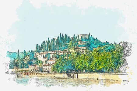 Watercolor sketch of a beautiful view of the traditional architecture and castle in Verona in Italy.の写真素材