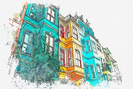 Watercolor sketch of ancient traditional apartment buildings in the Balat district of Istanbul in Turkey.の写真素材