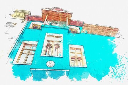Watercolor sketch of old-fashioned residential building in the Balat district of Istanbulの写真素材