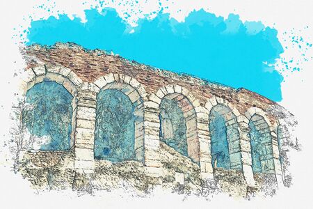 Watercolor sketch of part of the wall of the ancient Roman Colosseum or Arena in Verona in Italy.の写真素材