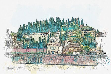 Watercolor sketch of a beautiful view of the traditional architecture and castle in Verona in Italy.の写真素材