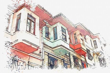 Watercolor sketch of ancient traditional apartment buildings in the Balat district of Istanbul in Turkey.の写真素材