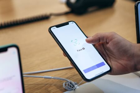 Turkey, Istanbul, December 20, 2019: A person uses the face id feature on the new iPhone 11 pro
