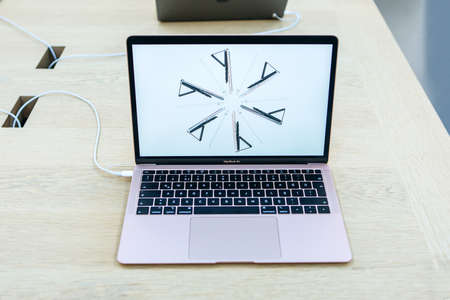 Turkey, Istanbul, December 17, 2019: sale New Apple MacBook Air in the official Apple store.のeditorial素材