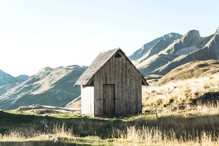 The traditional wooden summer house of shepherds in a mountainous area in the north of Montenegro is abandoned in the fall.の写真素材