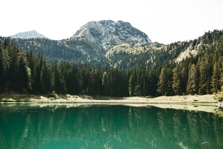 Beautiful view of the lake - Black Lake, forest and mountain landscape in Montenegro.の写真素材