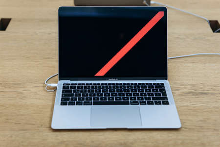 Turkey, Istanbul, December 17, 2019: sale New Apple MacBook Air in the official Apple store.のeditorial素材
