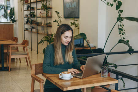Student girl studying or freelancer working on a laptop in a cafe or coworking.の写真素材