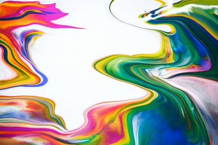 Multicolored acrylic paint flowing fluid trend bright colorful background.の写真素材