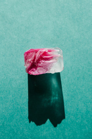 Frozen flower or petals to ice cube on a mint or green background with a long shadow.の写真素材