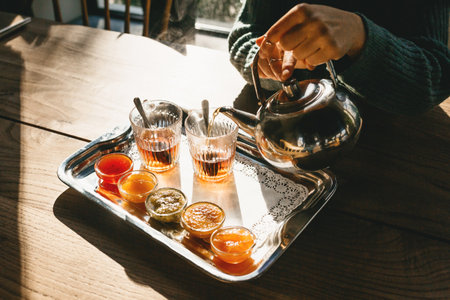 The person drinks tea with food and jam. Tea ceremony or relaxation. Delicious breakfast food....