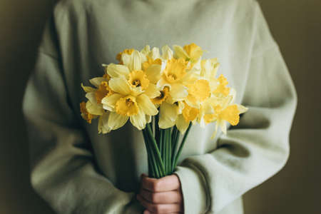 The woman holds a bouquet of yellow daffodils in her hands. Festive gift concertの写真素材