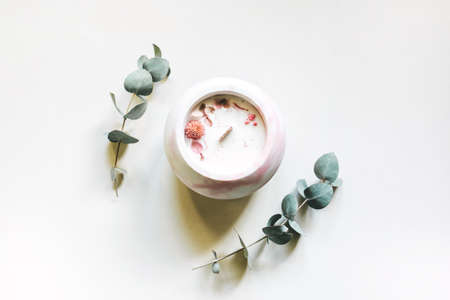 Soy or coconut candle with a wooden wick..の写真素材