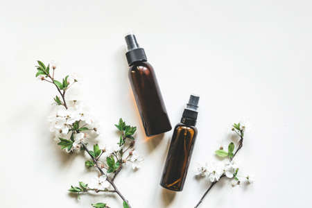Close-up, copy space. Beauty blogs, the concept of salon treatment, the layout of the brands packaging in the style of minimalism.の写真素材