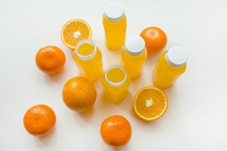 Bottles of freshly squeezed orange juice and oranges on a white background. The concept of a healthy diet, detox or diet. Flat lay, top viewの写真素材