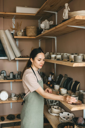 Young woman sells handmade pottery in a store. Workshop production in hand, shelves with goods on background.の写真素材