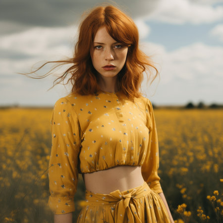 A beautiful young girl with freckles and red hair in a yellow dress stands against the background of a blooming fieldの素材