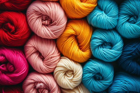 The background is made of multicolored wool yarn threads. Abstract knitting background. Multicolored balls of yarn.の素材