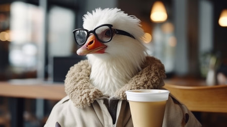 A hipster goose in glasses and a suit drinks coffee in a cafeの素材