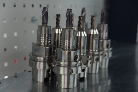CNC milling machine, closeup of metal milling tools