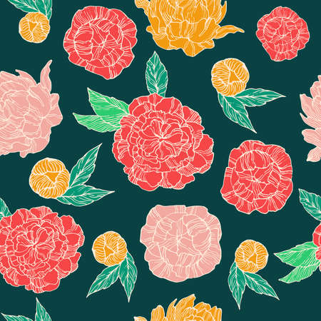 pattern with yellow, pink and red peonies on dark green backgroundのイラスト素材