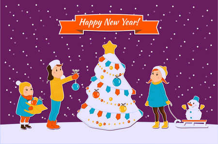 children dress up a Christmas tree snowy night. New year cardのイラスト素材