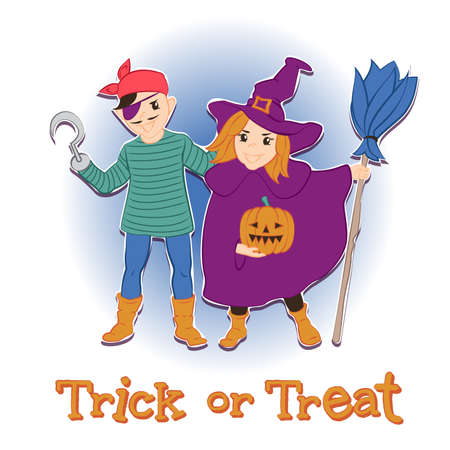 the girl in the witch costume, the boy in pirate costume. illustration for Halloweenのイラスト素材
