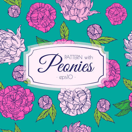 pattern with pink peonies on turquoise backgroundのイラスト素材
