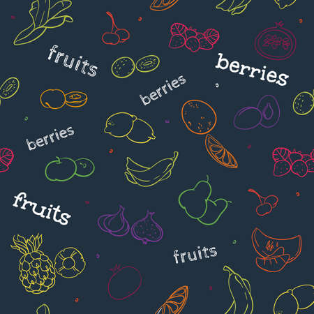 colour fruit and berry seamless pattern on the dark blue background