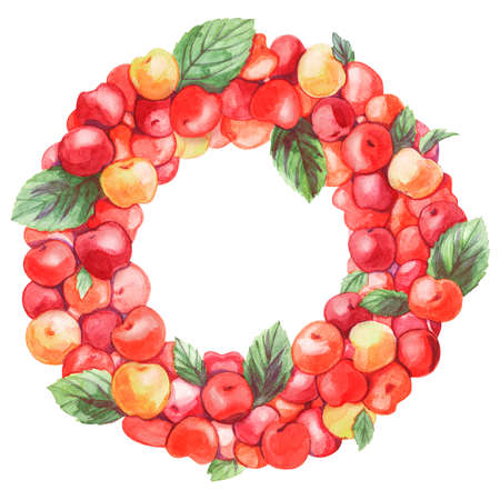 Floral circle ornament with berries on a white backgroundの写真素材