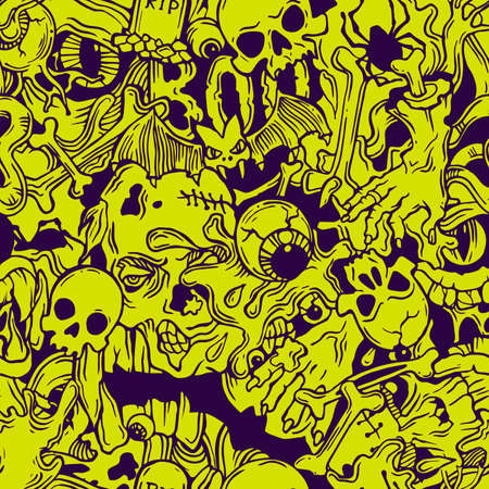 Seamless halloween pattern with horror elements in violet and greenのイラスト素材