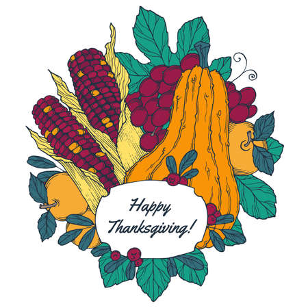 Thanksgiving Day greeting card with berries, vegetables and fruits  in cartoon style  on a white backgroundのイラスト素材