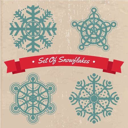 Set of flat snowflakes on the old paper texture backgroundのイラスト素材