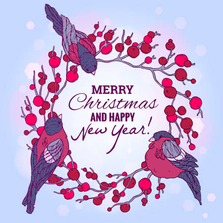 Christmas and New Year illustration with wreath, berries and bullfinches. Eps10のイラスト素材