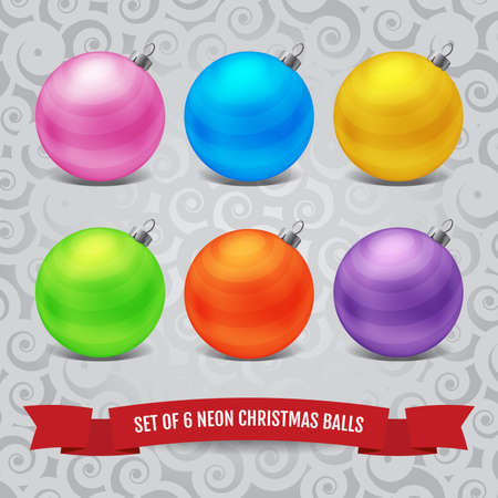 Set of six neon christmas balls on the frosty pattern backgroundのイラスト素材