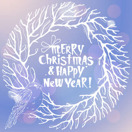 Merry Christmas and New Year illustration with wreath in blue and lilac color. Brunches and berries. Typographic greeting card.のイラスト素材