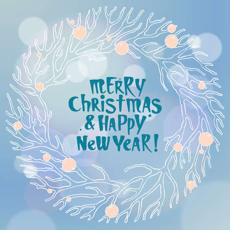 Merry Christmas and New Year illustration with wreath in blue color. Brunches and berries. Typographic greeting card.のイラスト素材