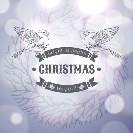 Vintage Merry Christmas greeting card with linear handdrawn bullfinches on the silver gradient background with sunlight. Vector EPS10.のイラスト素材