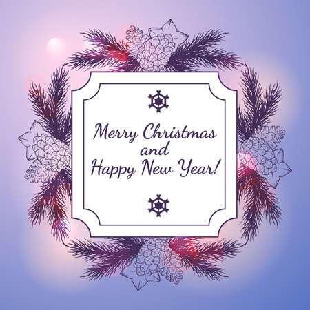 New Year and Christmas Greeting card with wreath and light bokeh backgroundのイラスト素材