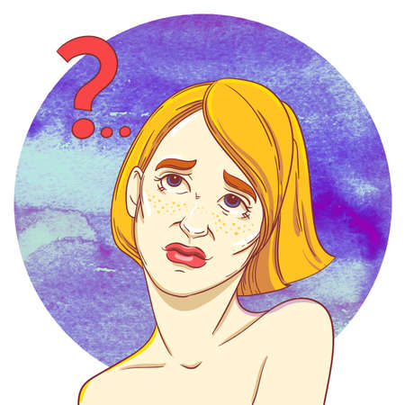 Portrait of a young red-haired girl doubters on the background of the watercolor circle. Question mark.のイラスト素材
