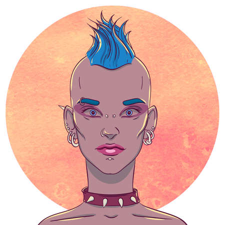 Portrait of a young girl with mohawk hairstyle and piercings on the background of the watercolor circleのイラスト素材