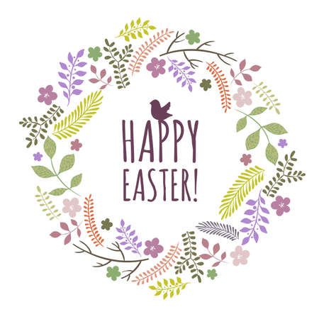 Easter greeting card with wreath from floral elements on white backgroundのイラスト素材