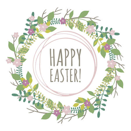 Easter greeting card with wreath from floral elements on white backgroundのイラスト素材