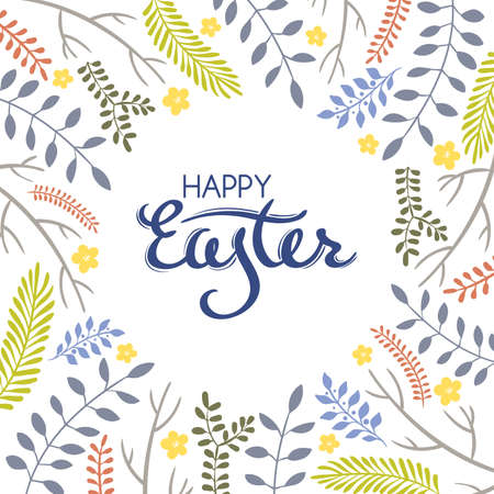 Easter greeting card with frame from floral elements on white backgroundのイラスト素材