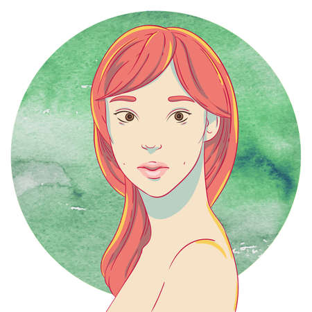 Portrait of cute young asian girl with red hair on the background of the watercolor circleのイラスト素材