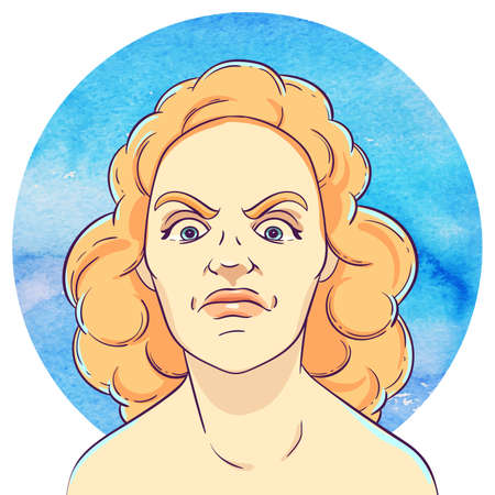 Portrait of angry young girl with red curly hair on the background of the watercolor circleのイラスト素材