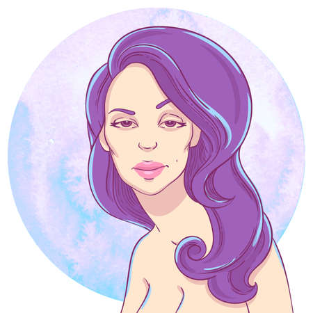 Portrait of a young girl with gorgeous curls on the background of the watercolor circleのイラスト素材