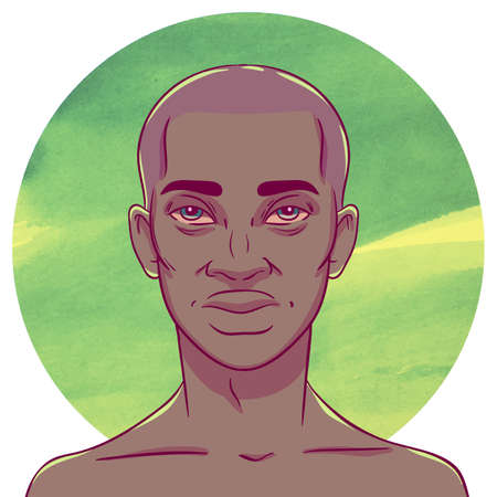 African American man with bald head on a background of watercolor circles. The illustration in comics style.のイラスト素材