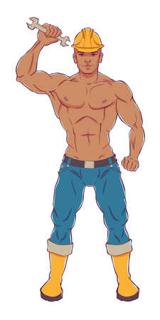 Young man in overalls and casque with a wrench. Isolated illustration on a white backgroundのイラスト素材