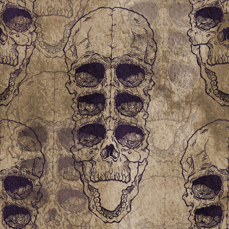 Terrible frightening seamless pattern with skull on antique grunge background. Halloween illustrationの写真素材